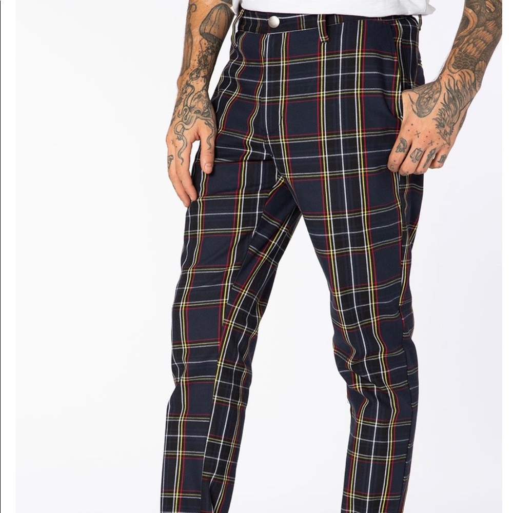 Navy Tartan Plaid Slim Tapered Pants